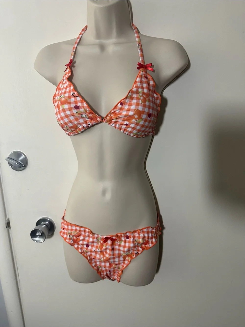 Orange Gingham Floral Ruffle Bikini - Women Swim